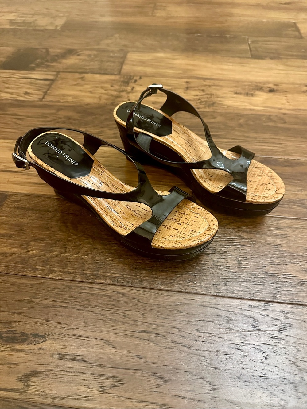 Donald J. Pliner "Delon" Black Patent Cork Wedge Sandals